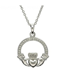 Argent Claddagh Pendentif avec Pierre Set