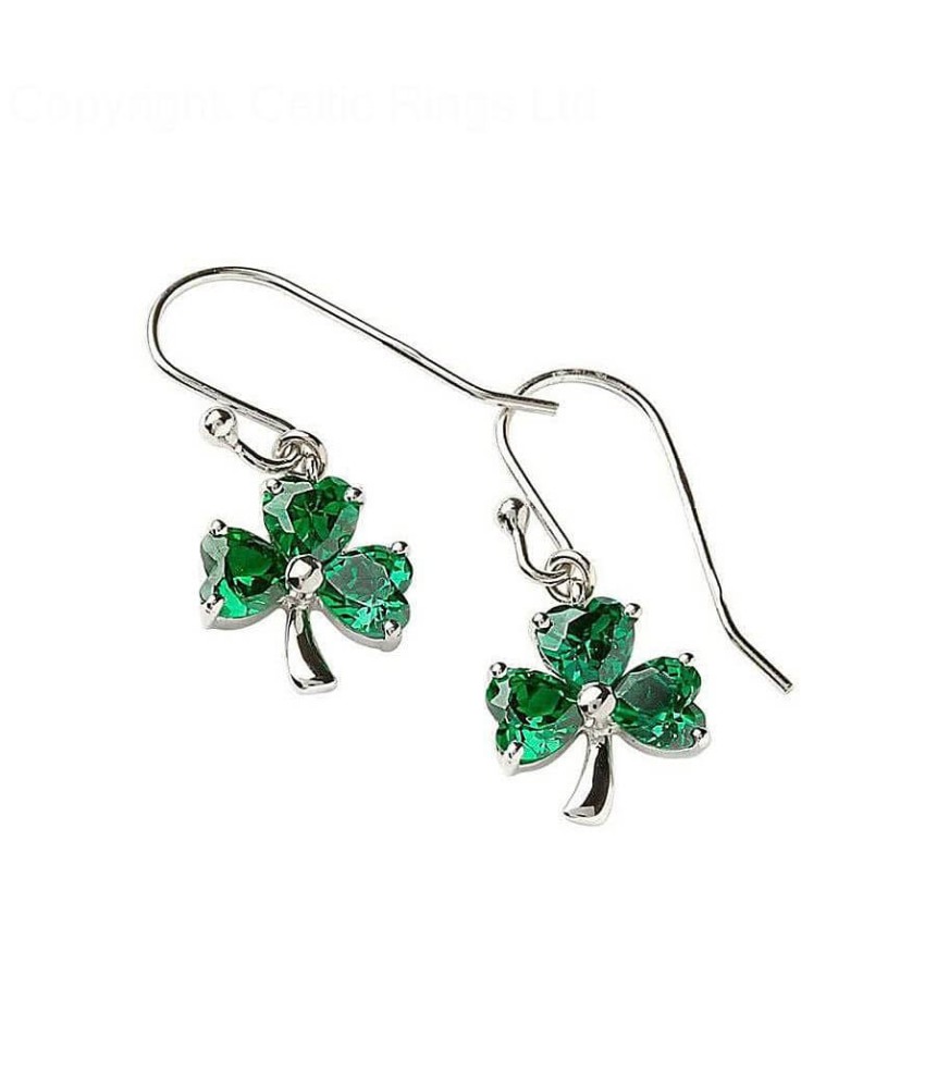 Silver Green CZ Shamrock Earrings