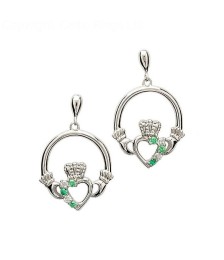 Silver Emerald CZ Claddagh Earrings