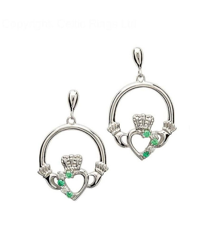 Silver Emerald CZ Claddagh Earrings