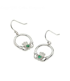 Silver Claddagh Emerald Heart Earrings