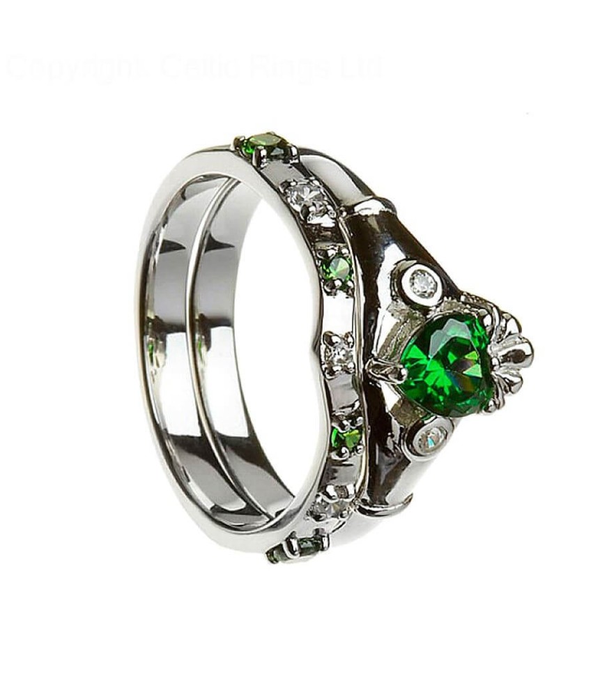 Emerald Claddagh avec la bande correspondante - argent