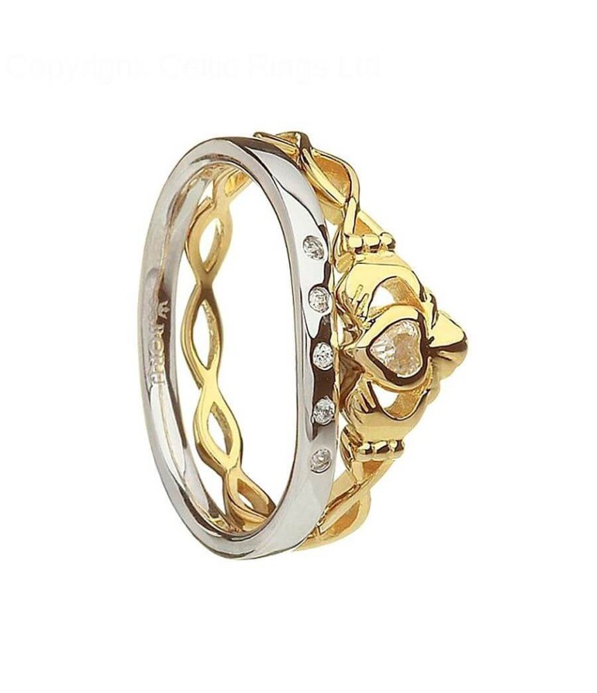 Claddagh Twisted Ring and Matching Band - Silver and 10K Gold