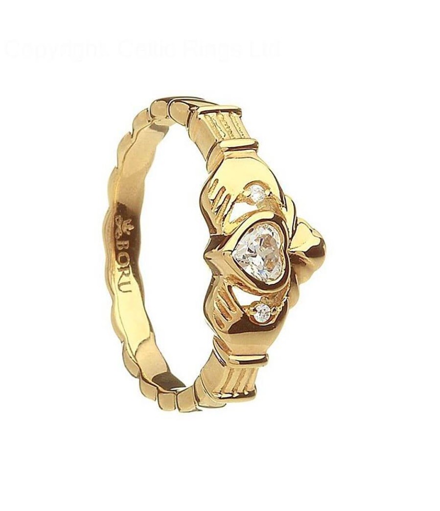 Claddagh Seil Band mit CZ - Gelbes Gold