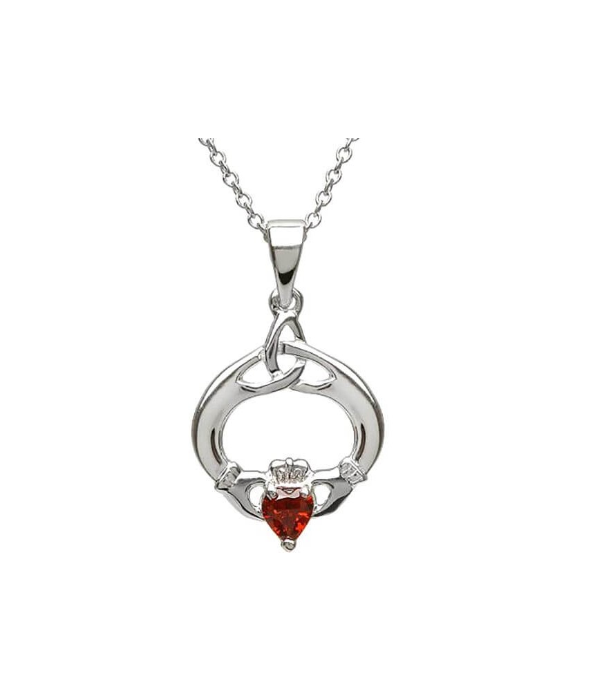 Claddagh Pendant with January Birthstone - Silver