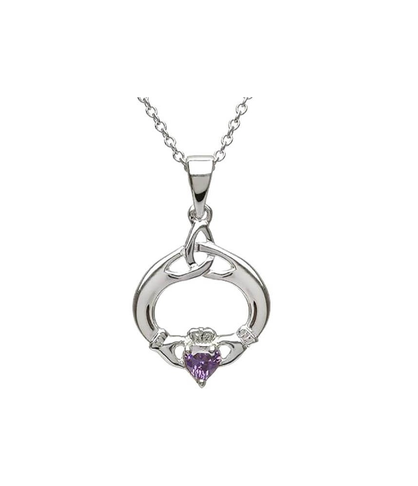 Claddagh Pendant with February Birthstone - Silver