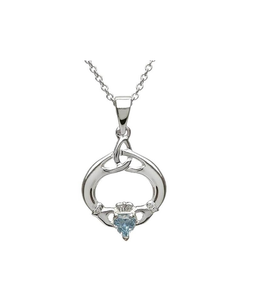 Claddagh Pendant with March Birthstone - Silver