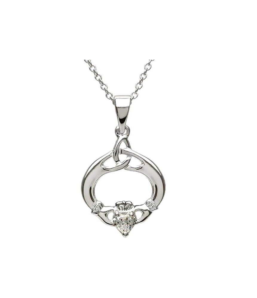 Claddagh Pendant with April Birthstone - Silver