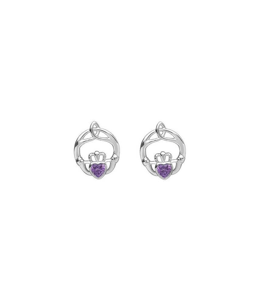 Boucles d'oreilles en pierre de naissance Claddagh de février - argent