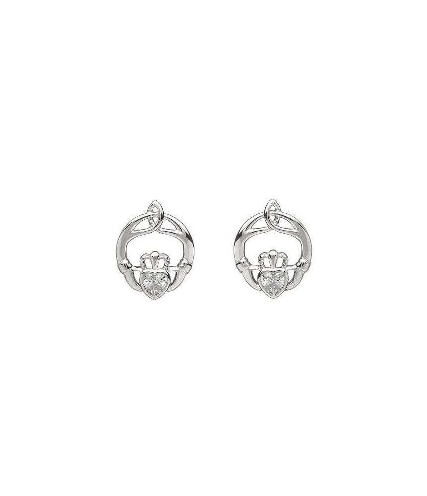 Boucles d'oreilles Claddagh en pierre de naissance d'avril - argent