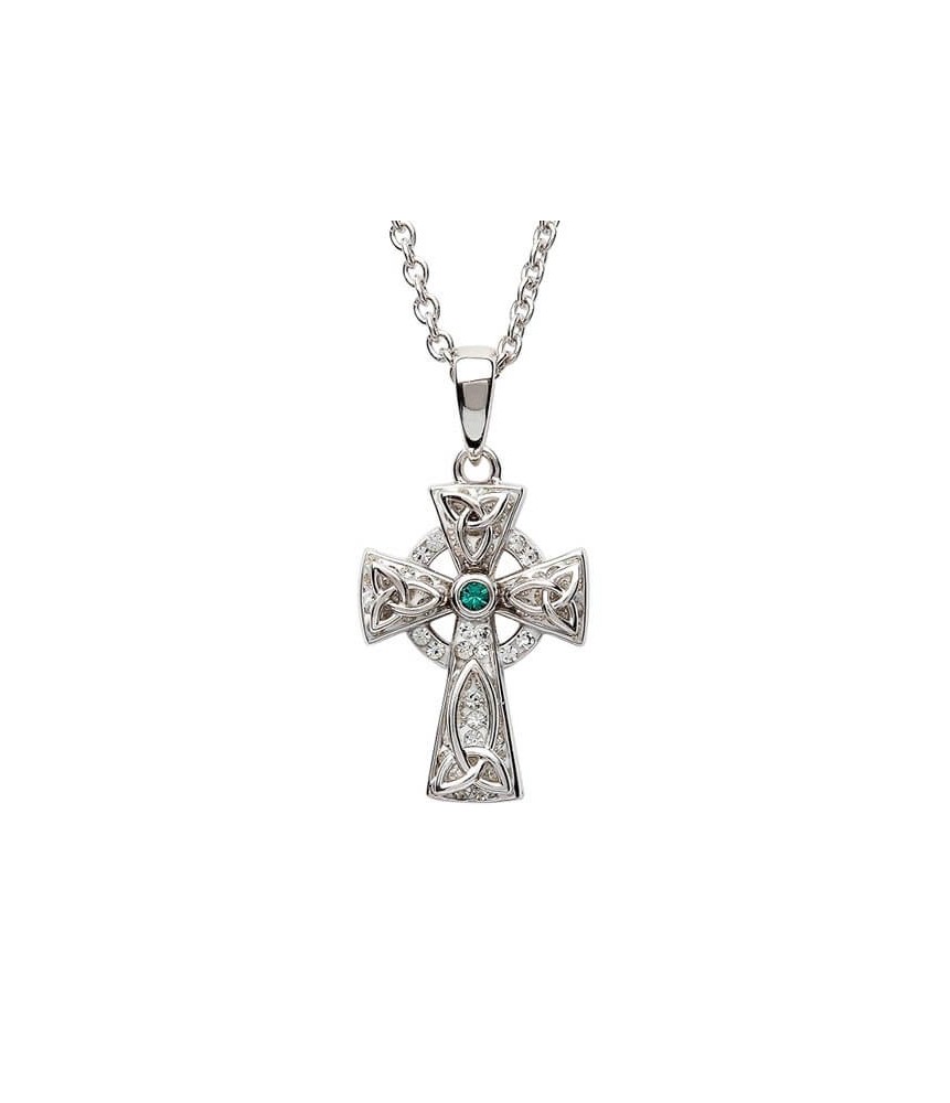 Medium Celtic Cross with 1 Emerald - Silver