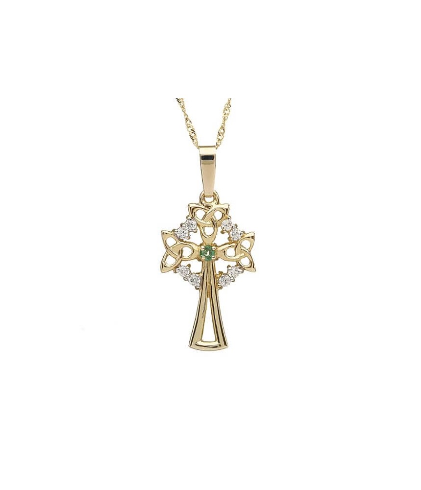 Large Celtic Cross with 1 Emerald - Yellow Gold