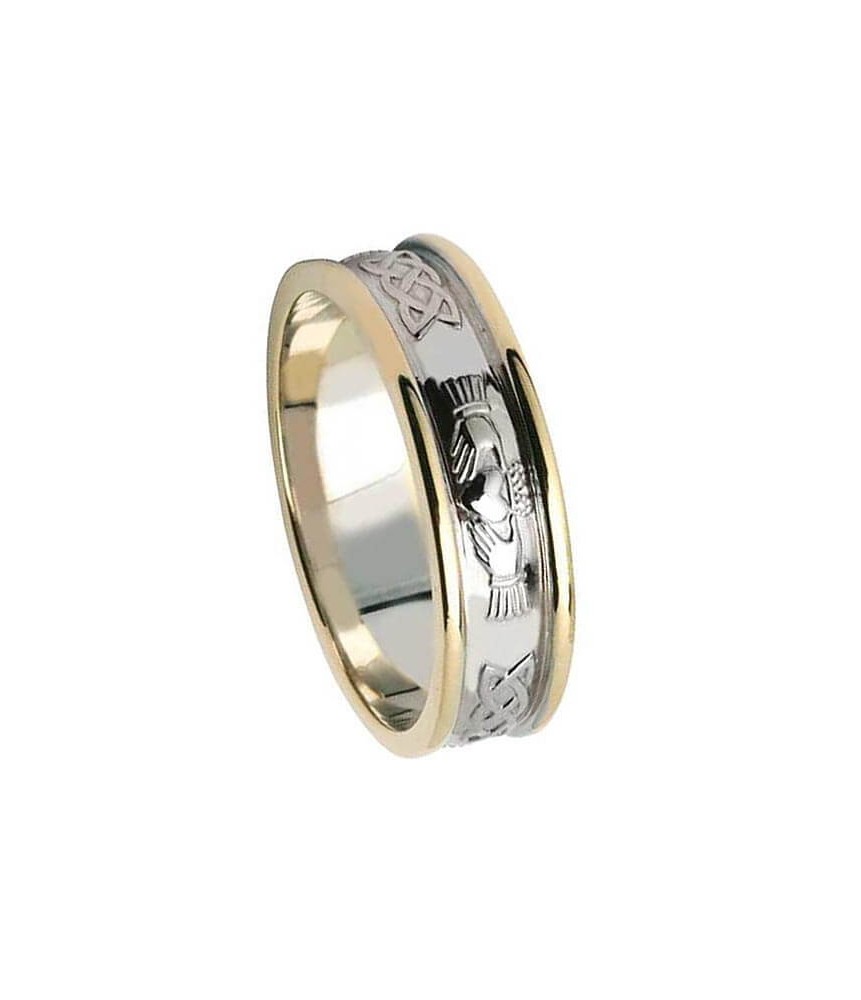 Damen Claddagh Ehering mit Trim - Weißgold mit Gelbgold Trim