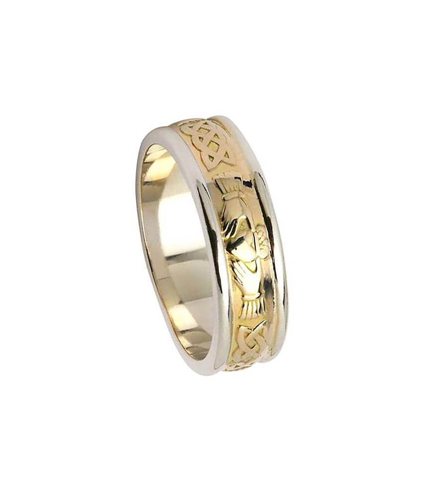 Bague de mariage celtique Claddagh pour femme - Or jaune avec bordure blanche