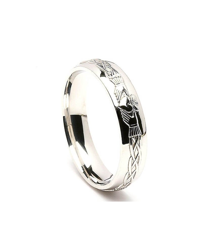 Claddagh en or blanc gravé pour homme