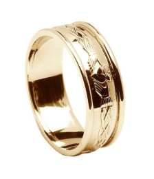 Mens Engraved Claddagh All Yellow Gold