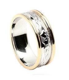 Women's Engraved Claddagh Wedding Ring with Yellow Trim