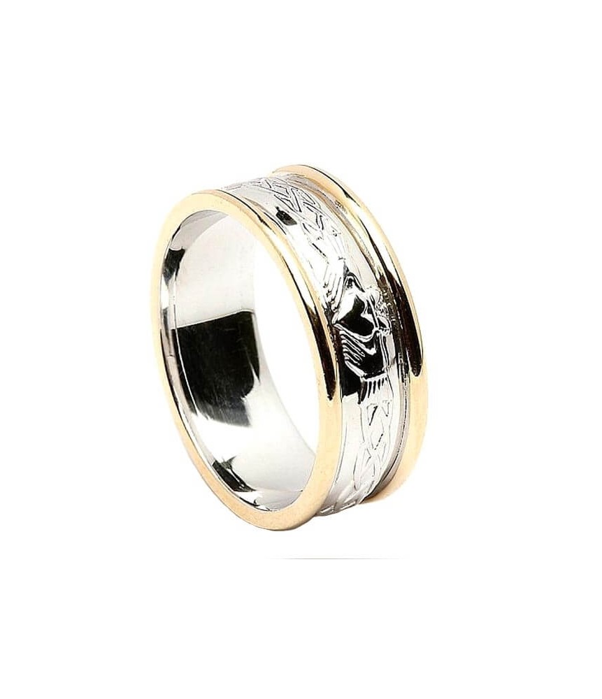 Anneau de mariage gravé Claddagh pour femme avec bordure jaune