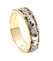 Bague de mariage Claddagh diamant noeud celtique pour femme - or jaune et blanc