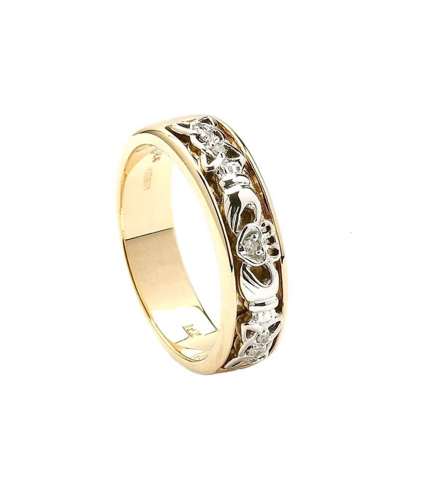 Bague de mariage Claddagh diamant noeud celtique pour femme - or jaune et blanc