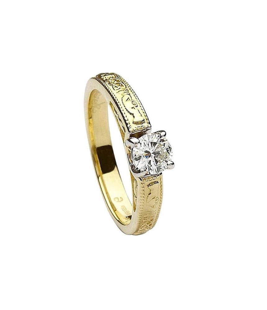 Embossed Claddagh Engagement Ring - Yellow Gold