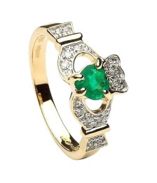 Emerald & Diamond Claddagh Ring - Yellow Gold