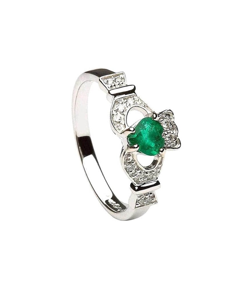 Emerald & Diamond Claddagh Ring - White Gold