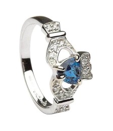 Sapphire & Diamond Claddagh Ring - White Gold