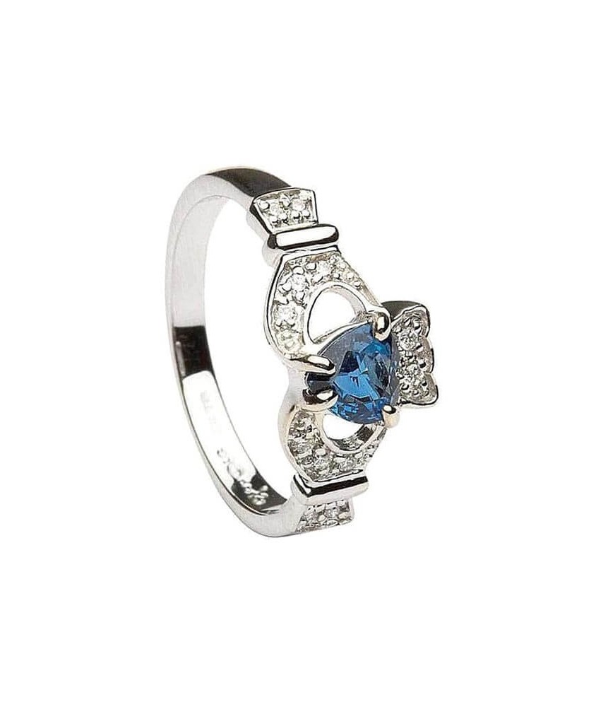 Sapphire & Diamond Claddagh Ring - White Gold