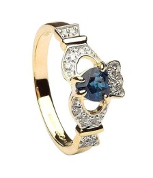 Sapphire & Diamond Claddagh Ring - Yellow Gold