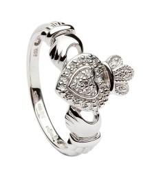 Or blanc diamant incrustées Bague Claddagh