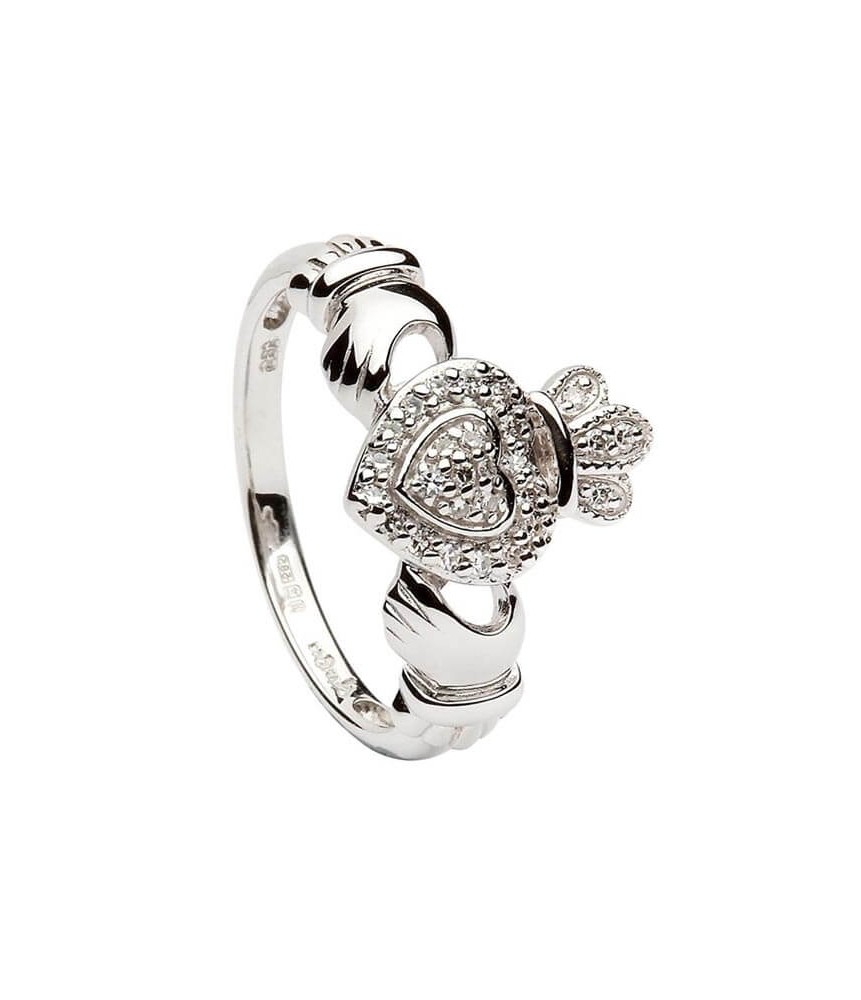 Or blanc diamant incrustées Bague Claddagh