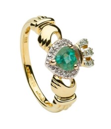 Smaragd Herz Claddagh Ring mit Diamanten - Gelbes Gold