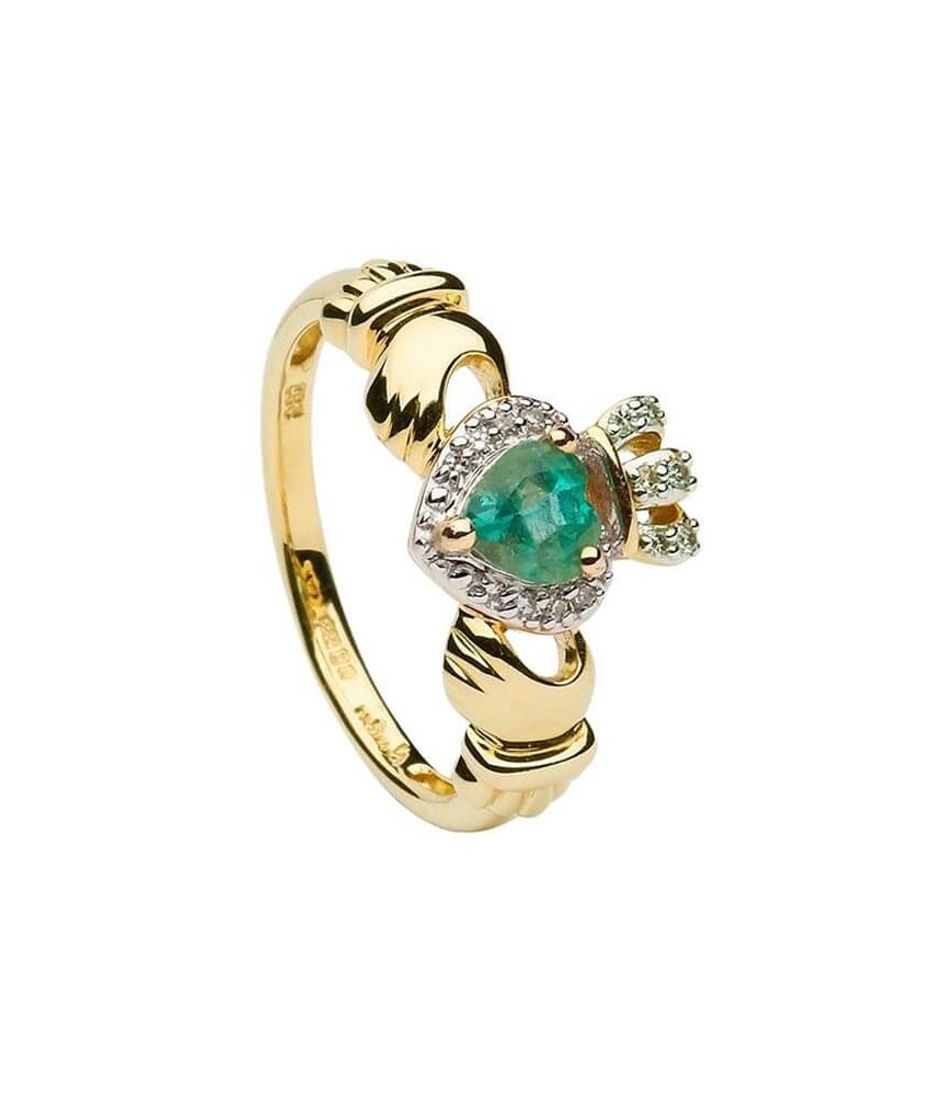 Emerald Heart Claddagh Ring with Diamonds - Yellow Gold