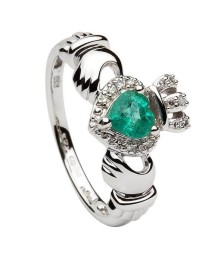 Bague Claddagh coeur émeraude avec diamants - Or blanc