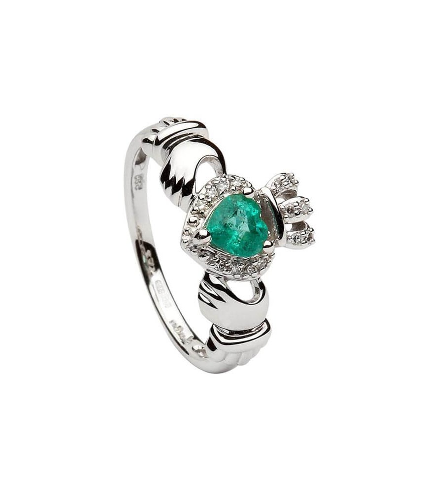 Claddagh Ring with Emerald - White Gold