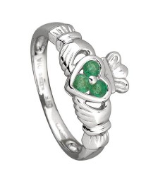 Three Emeralds Claddagh Ring - White Gold