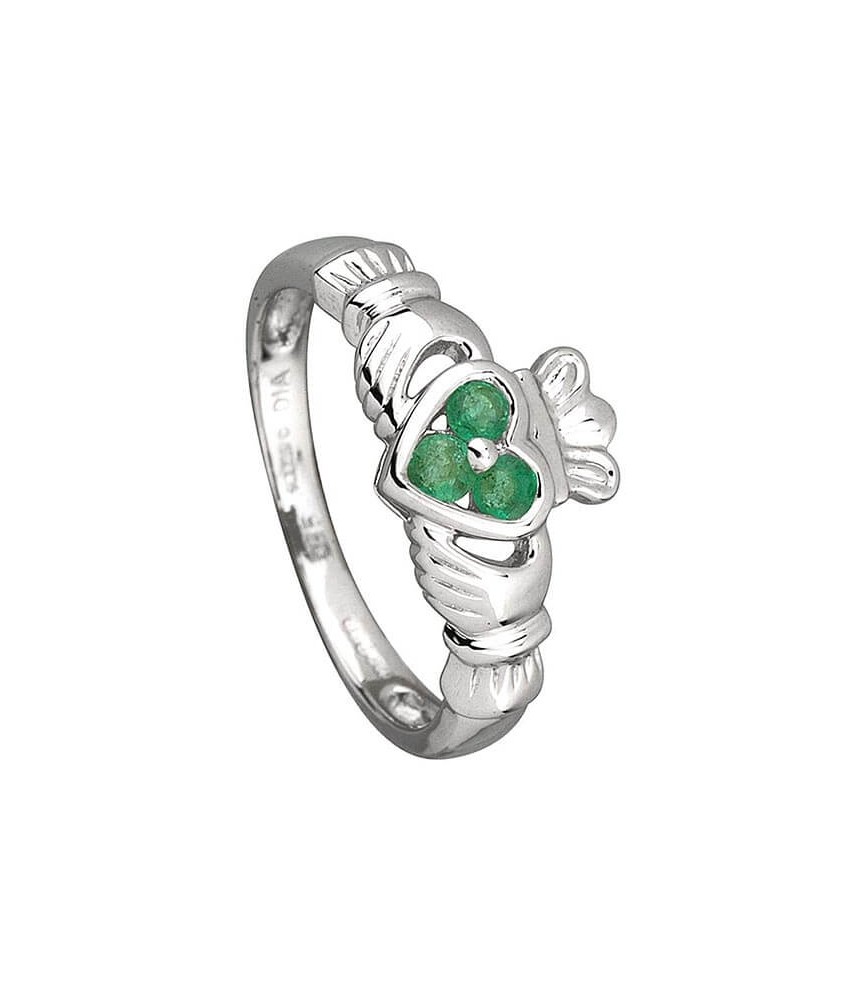 Three Emeralds Claddagh Ring - White Gold