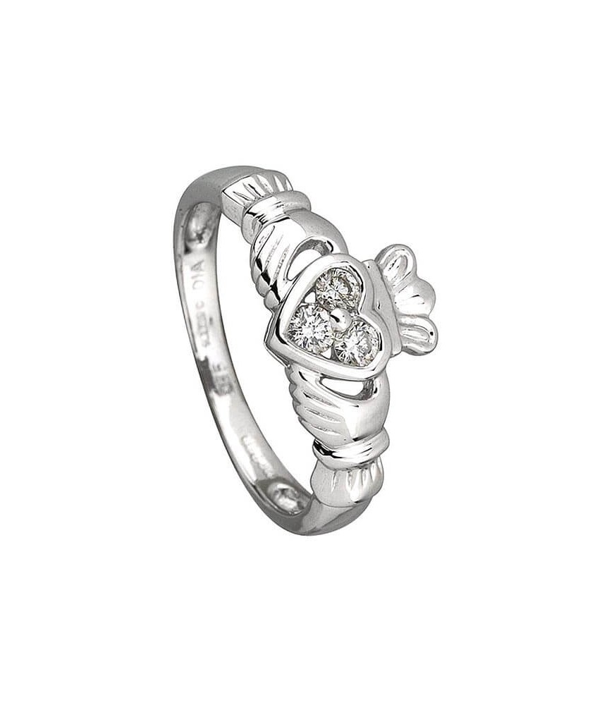 Claddagh-Ring mit drei Diamanten - Weißgold