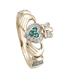 Bague Claddagh en or avec diamants et émeraudes