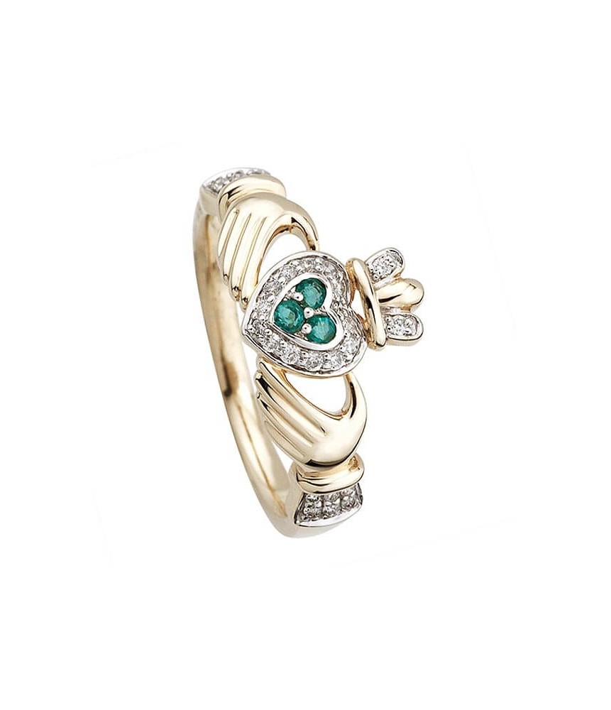 Gold Diamond & Emerald Claddagh Ring