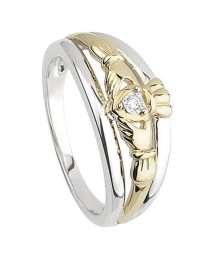 Bague Claddagh en argent et or avec diamants