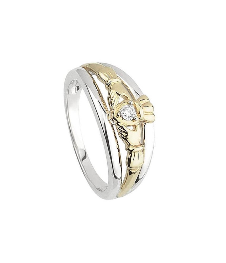 Silver & Gold Diamond Claddagh Ring