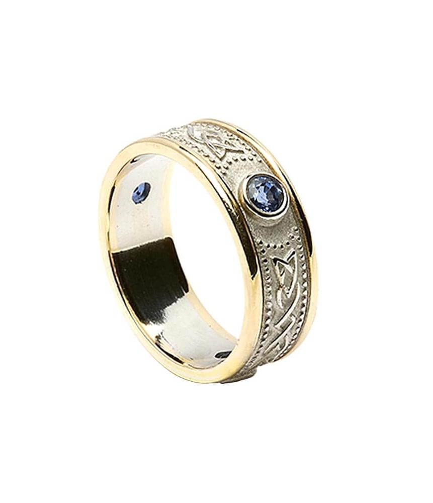 Celtic Shield Ring with Sapphires - White with Yellow Trim