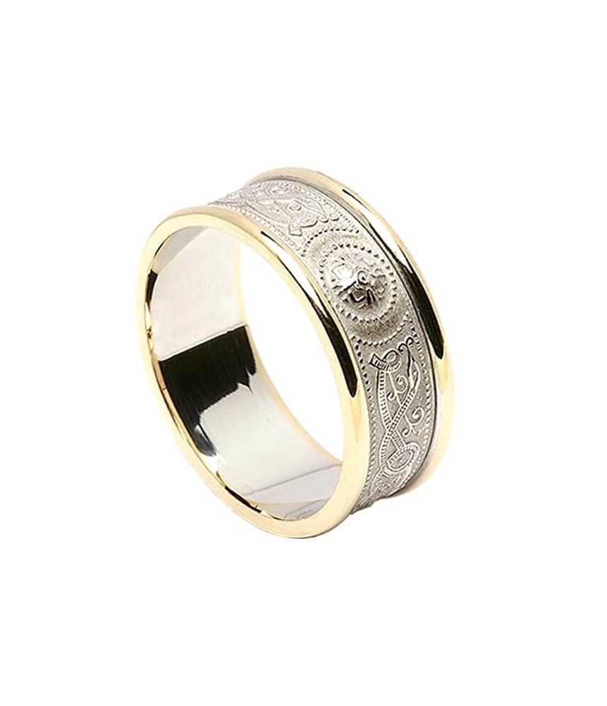 Bague de mariage irlandaise pour homme avec garniture - Blanc avec bordure dorée