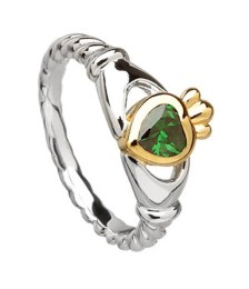 Green CZ Claddagh with Trinity Knots - Silver and 10K Gold