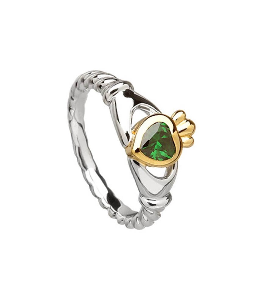 Green CZ Claddagh with Trinity Knots - Silver and 10K Gold