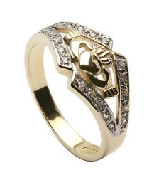 Bague Claddagh avec bordure CZ - Or jaune