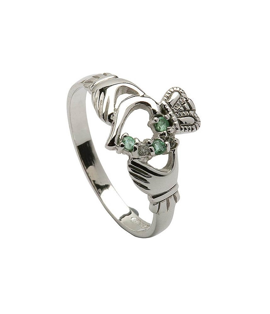 Modern Claddagh Emerald Ring - White Gold