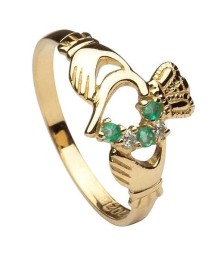 Emerald and Diamond Claddagh Ring - Yellow Gold